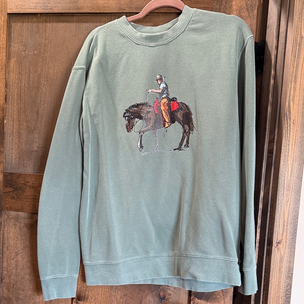 Crewneck Sweatshirt in Sage Green with Equestrian Graphic